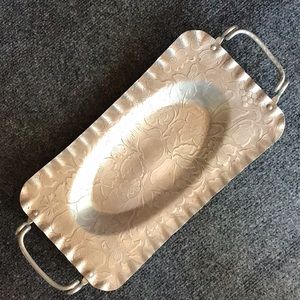 Vintage Hammered Aluminum Serving Tray with Coiled Handles and Crimped Rim